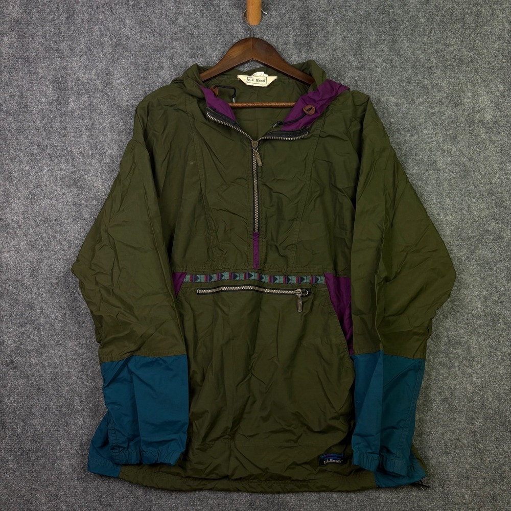 L.L. Bean Anorak Windbreaker Mens Large Green Vintage Colorblock Hooded Jacket